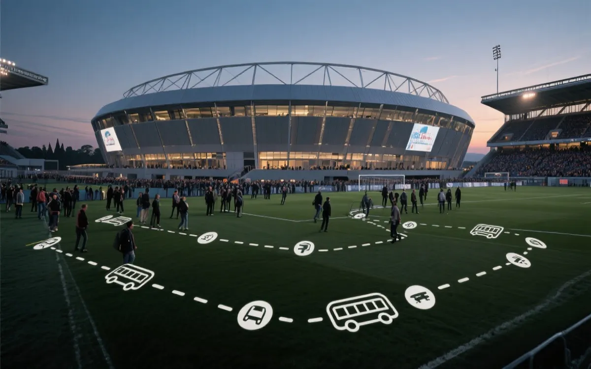 夜景体育场与人群动线示意，表现球场改造、安检与城市交通协同的幕后