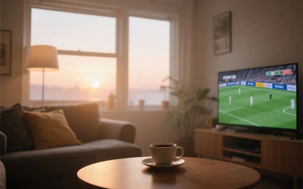 清晨观看世界杯的居家场景：窗外微亮、桌上咖啡、屏幕显示比赛
