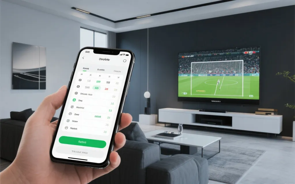 手机显示赛程提醒与电视大屏投屏画面，体现跨设备观赛准备